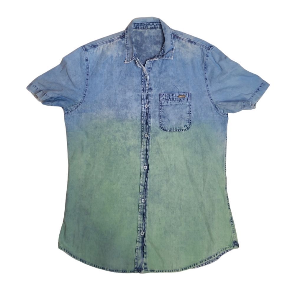 VINTAGE dip dye button up shortly‎ sleeve denim casual shirt L